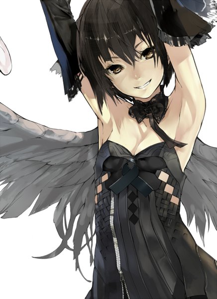 Anime picture 1000x1375 with original nil (artist) single tall image looking at viewer short hair black hair simple background smile white background brown eyes head tilt armpit (armpits) angel wings angel girl dress gloves ribbon (ribbons) choker