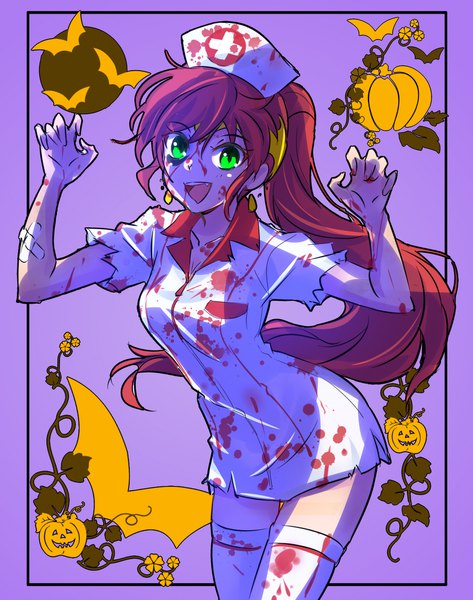 Anime picture 1576x2000 with rwby rooster teeth pyrrha nikos iesupa single long hair tall image looking at viewer fringe open mouth hair between eyes green eyes ponytail red hair :d short sleeves zettai ryouiki halloween purple background nurse