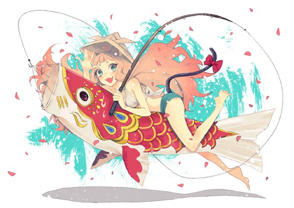 Anime picture 1000x708 with original totsu hon (artist) long hair open mouth bare shoulders animal ears pink hair barefoot aqua eyes cat ears teeth cat girl cat tail fang (fangs) girl bow hat petals fish (fishes) fishing rod