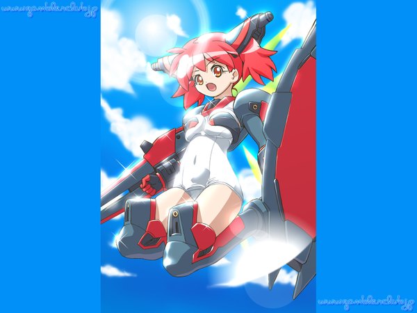 Anime picture 1600x1200 with keroro gunsou gambler club open mouth light erotic red eyes sky cloud (clouds) red hair skin tight mecha musume girl navel weapon