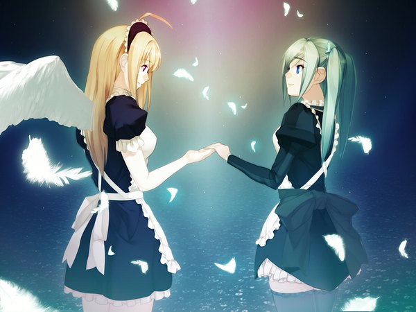 Anime picture 1024x768 with carnevale della luce della luna anna (carnevale della luce della luna) lunaria blue eyes blonde hair purple eyes multiple girls game cg green hair maid girl 2 girls wings