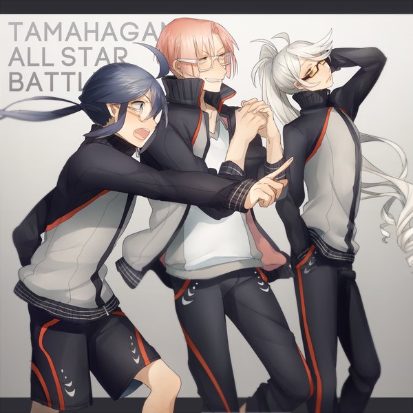 Anime picture 1000x1000 with original asuda (artist) long hair short hair open mouth simple background blue hair pink hair ahoge white hair ponytail profile inscription grey background multiple boys drill hair looking up hand in pocket pointing boy