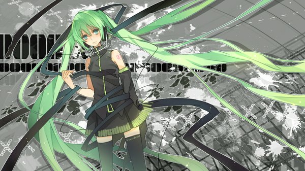 Anime picture 1024x576 with vocaloid hatsune miku ranpak (artist) blue eyes wide image twintails very long hair green hair girl skirt ribbon (ribbons) detached sleeves miniskirt headphones