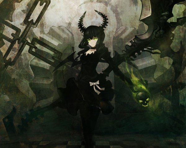 Anime picture 1600x1280 with black rock shooter dead master single long hair looking at viewer black hair green eyes horn (horns) glowing black wings gothic girl dress gloves choker black dress chain skull scythe