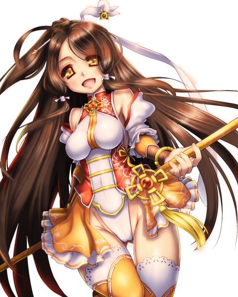Anime picture 1280x1600 with elsword ara haan little xia (elsword) ecell (artist) single long hair tall image looking at viewer blush breasts open mouth light erotic simple background smile brown hair white background yellow eyes girl thighhighs dress
