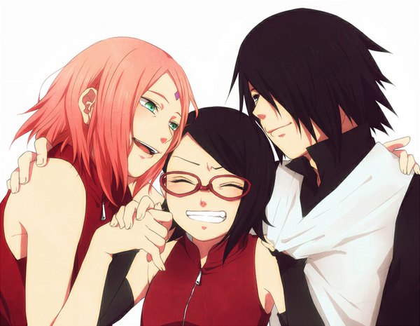 Anime picture 800x621 with naruto studio pierrot naruto (series) uchiha sasuke haruno sakura uchiha sarada takechi short hair open mouth black hair simple background smile white background bare shoulders green eyes looking away pink hair eyes closed hug happy