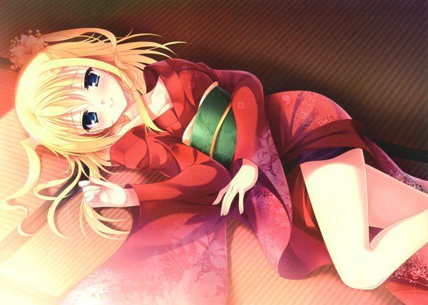 Anime picture 4365x3119 with da capo da capo iii morizono rikka tanihara natsuki single long hair looking at viewer blush highres breasts blue eyes light erotic blonde hair smile absurdres lying traditional clothes japanese clothes scan two side up