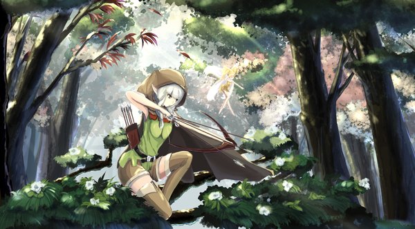 Anime picture 2000x1106 with dragon's crown vanillaware elf (dragon's crown) kikivi single long hair highres wide image yellow eyes looking away white hair pointy ears elf girl plant (plants) tree (trees) shorts hood thigh boots forest