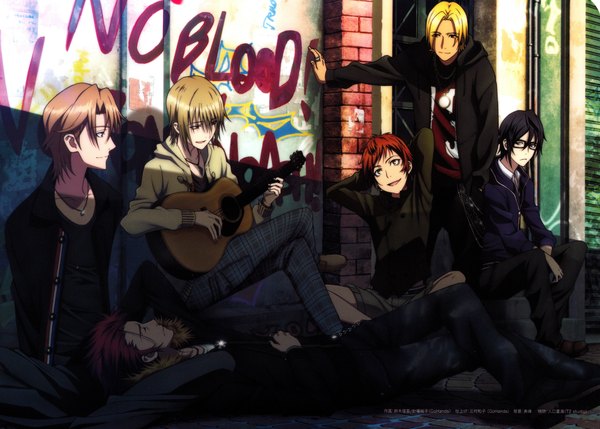 Anime picture 2048x1465 with k-project gohands (studio) mikoto suoh fushimi saruhiko misaki yata kusanagi izumo totsuka tatara highres short hair open mouth black hair blonde hair smile brown hair sitting absurdres red hair lying scan orange hair