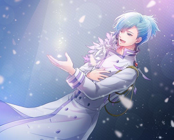 Anime picture 1500x1207 with uta no prince-sama a-1 pictures mikaze ai chaa (artist) single short hair open mouth blue eyes blue hair singing boy petals feather (feathers) microphone