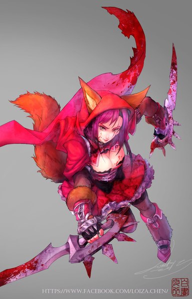 Anime picture 1233x1920 with league of legends katarina (league of legends) loiza single long hair tall image looking at viewer breasts simple background animal ears yellow eyes pink hair purple hair tail animal tail grey background fox ears fox tail fox girl eyebrows