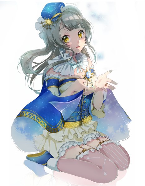 Anime picture 1259x1617 with love live! school idol project sunrise (studio) love live! minami kotori akamega single long hair tall image looking at viewer blush fringe open mouth simple background brown hair white background sitting bare shoulders yellow eyes pleated skirt zettai ryouiki