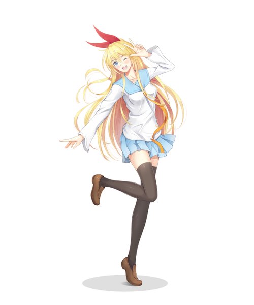 Anime picture 2500x3000 with nisekoi shaft (studio) kirisaki chitoge ltt challenger single long hair tall image looking at viewer blush highres blue eyes blonde hair white background one eye closed wink girl thighhighs skirt uniform ribbon (ribbons)
