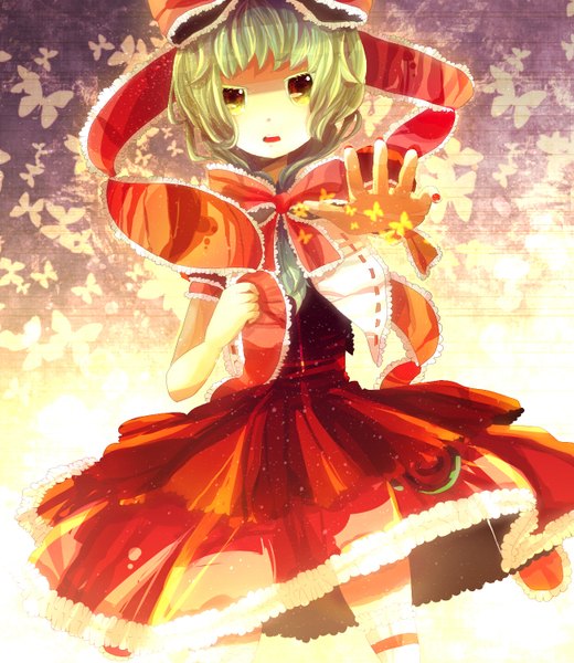 Anime picture 1300x1500 with touhou kagiyama hina hiyuu (hiyualice) single long hair tall image looking at viewer open mouth standing holding yellow eyes payot nail polish green hair frilled dress outstretched hand girl dress bow frills