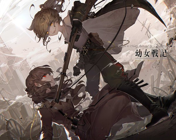 Anime picture 900x716 with youjo senki tanya degurechaff mary sioux kawacy long hair fringe blonde hair smile red eyes brown hair standing multiple girls holding ponytail profile sparkle orange eyes city face to face dust