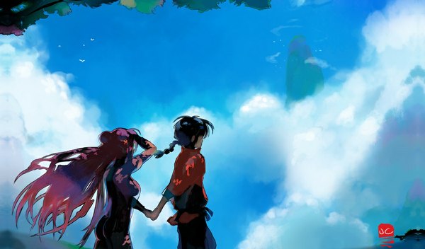 Anime picture 1000x587 with ranma 1/2 saotome ranma shampoo (ranma 1/2) tagme (artist) long hair wide image blue hair sky purple hair cloud (clouds) braid (braids) wind from behind hair bun (hair buns) couple single braid holding hands mountain see-through silhouette girl