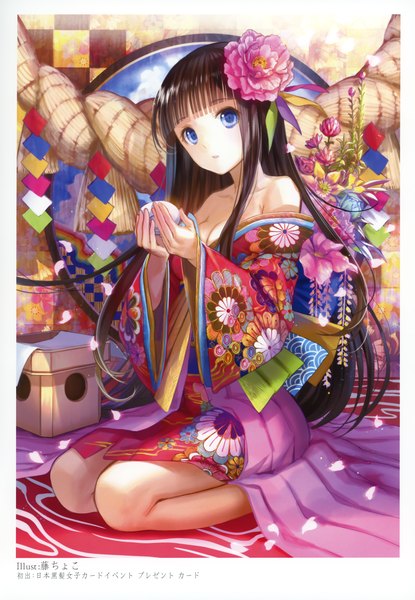 Anime picture 2406x3475 with original fuzichoco single long hair tall image looking at viewer highres blue eyes black hair sitting bare shoulders traditional clothes japanese clothes hair flower scan girl hair ornament flower (flowers) petals kimono