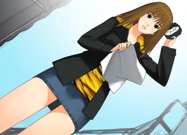 Anime picture 2400x1738 with original a1 single looking at viewer highres short hair brown hair black eyes dutch angle blue background girl skirt miniskirt paper