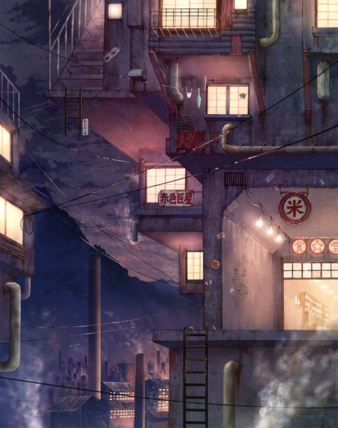 Anime picture 1260x1590 with original cola (pixiv) tall image sky cloud (clouds) night city smoke mountain underwear panties window building (buildings) wire (wires) smoke stack
