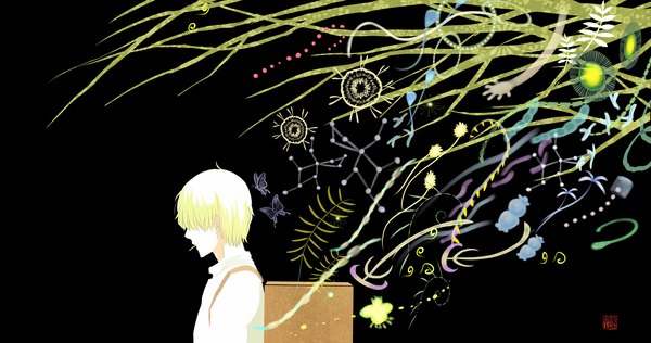 Anime picture 1893x1000 with mushishi ginko yumehime single highres short hair blonde hair wide image mouth hold black background ghost smoking hair over eyes boy plant (plants) backpack box