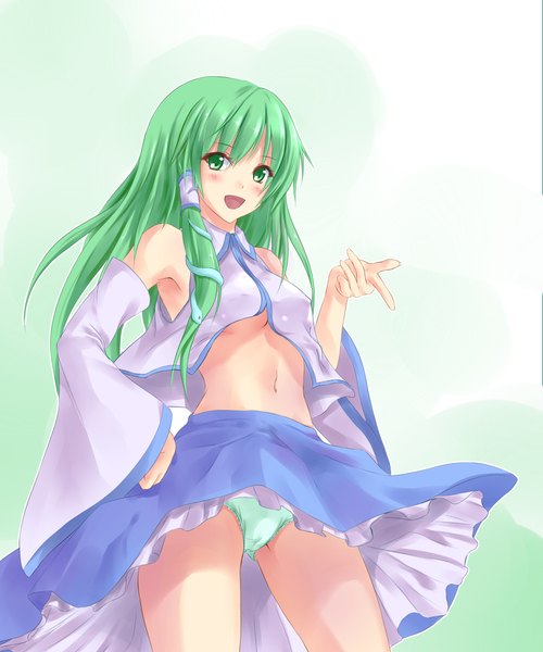 Anime picture 1881x2258 with touhou kochiya sanae konimaru tall image blush highres light erotic green eyes green hair miko girl underwear panties detached sleeves