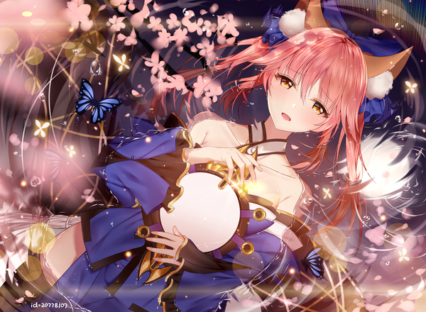 Anime picture 2722x2000 with fate (series) fate/extra tamamo (fate) (all) tamamo no mae (fate) junpaku karen single long hair blush fringe highres open mouth hair between eyes twintails bare shoulders animal ears yellow eyes pink hair traditional clothes :d japanese clothes