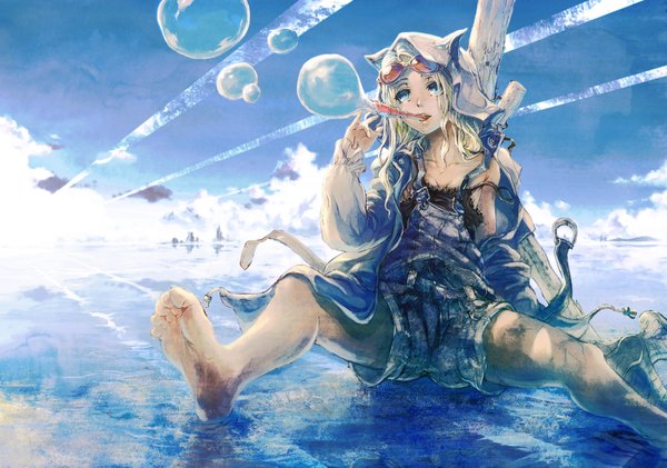 Anime picture 1730x1215 with kopa (artist) long hair highres blue eyes blonde hair sitting cleavage barefoot sunlight legs girl water shorts sunglasses bubble (bubbles)