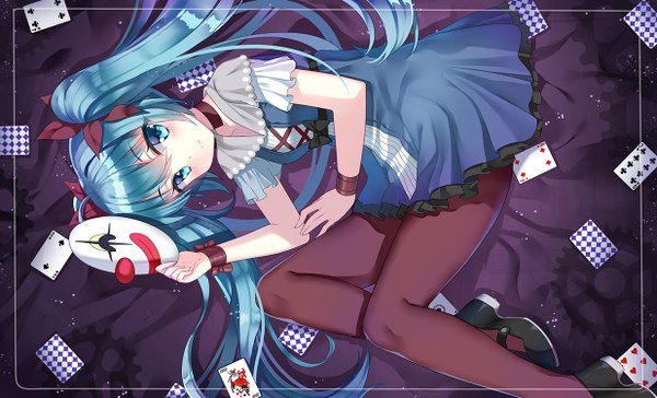 Anime picture 1236x750 with vocaloid karakuri pierrot (vocaloid) hatsune miku gendo0032 single long hair looking at viewer blush wide image twintails bent knee (knees) lying aqua eyes from above aqua hair framed girl dress pantyhose mask
