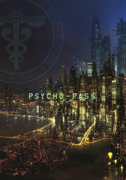 Anime picture 1000x1417 with psycho-pass production i.g tall image sky official art night sky city cityscape city lights water building (buildings) star (stars) skyscraper