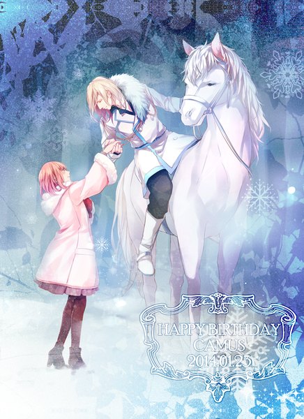 Anime picture 728x1000 with uta no prince-sama a-1 pictures nanami haruka (uta no prince-sama) camus rim2 long hair tall image short hair blonde hair standing sitting pink hair profile fur trim couple holding hands dated winter snow 2014