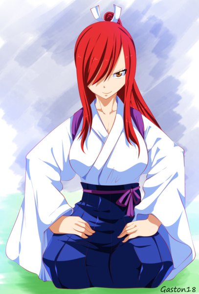 Anime picture 1024x1509 with fairy tail erza scarlet tongasart single long hair tall image fringe smile white background brown eyes ponytail red hair traditional clothes japanese clothes hair over one eye coloring girl bow hair bow belt
