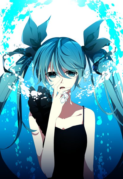 Anime picture 735x1064 with vocaloid shinkai shoujo (vocaloid) hatsune miku etoranze single long hair tall image looking at viewer blue eyes twintails blue hair underwater girl dress bow hair bow