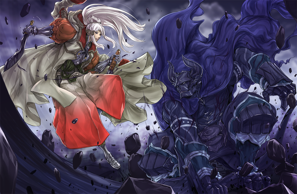Anime picture 1200x785 with original pixiv fantasia quotient stone (pixiv) single long hair looking away white hair traditional clothes horn (horns) battle destruction girl boy weapon sword stone (stones)