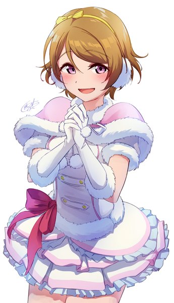 Anime picture 2300x4000 with love live! school idol project sunrise (studio) love live! koizumi hanayo yatoroku single tall image looking at viewer blush highres short hair open mouth simple background brown hair standing white background purple eyes :d fur trim interlocked fingers