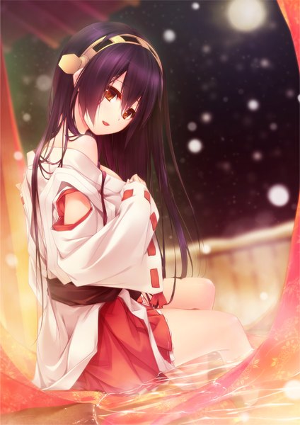 Anime picture 707x1000 with kantai collection haruna battleship ichikawa noa single long hair tall image looking at viewer black hair red eyes sitting bare shoulders traditional clothes japanese clothes undressing nontraditional miko girl skirt miniskirt water headdress