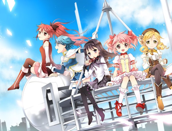 Anime picture 1447x1100 with mahou shoujo madoka magica shaft (studio) akemi homura kaname madoka sakura kyouko miki sayaka tomoe mami mca (dessert candy) long hair blush short hair blue eyes black hair blonde hair red eyes sitting purple eyes twintails multiple girls yellow eyes