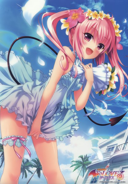 Anime picture 2764x3964 with toloveru toloveru darkness xebec nana asta deviluke yabuki kentarou single long hair tall image blush highres open mouth light erotic twintails looking away pink hair sky cloud (clouds) tail pink eyes wind