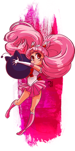 Anime picture 408x816 with bishoujo senshi sailor moon toei animation chibiusa sailor chibi moon luna p peach-mork single long hair tall image red eyes twintails holding signed looking away pink hair full body pleated skirt hair bun (hair buns) hug pink background