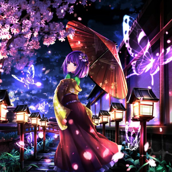 Anime picture 1000x1000 with touhou hieda no akyuu janne cherry single short hair smile purple eyes sky purple hair cloud (clouds) traditional clothes japanese clothes looking back hair flower girl hair ornament flower (flowers) petals insect butterfly