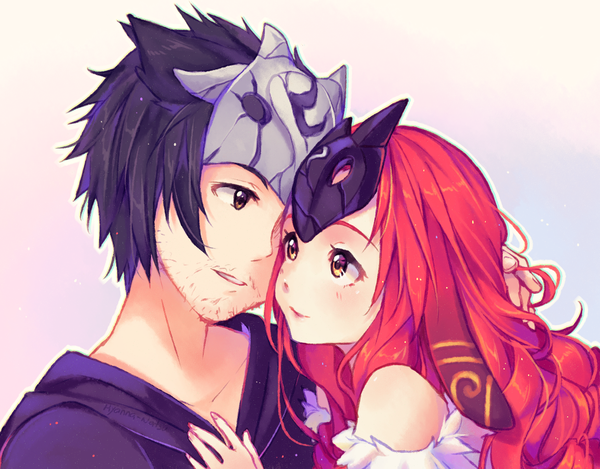 Anime picture 1151x900 with league of legends kindred (league of legends) lamb (league of legends) hyanna-natsu long hair short hair black hair bare shoulders upper body red hair light smile couple eye contact mask on head hand on another's head bristle girl boy mask
