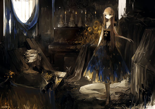 Anime picture 1000x704 with original asahiro single long hair looking at viewer fringe smile brown hair standing brown eyes indoors outstretched arm destruction girl dress flower (flowers) window black dress curtains fire