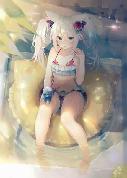 Anime picture 860x1200 with azur lane hammann (azur lane) hammann (rebellious summer) (azur lane) yatsuha (hachiyoh) single long hair tall image looking at viewer blush fringe open mouth light erotic hair between eyes sitting twintails holding animal ears payot silver hair barefoot