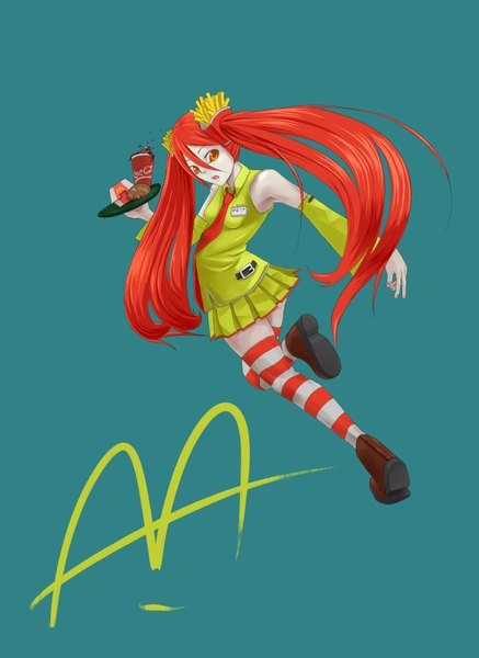 Anime picture 2500x3433 with vocaloid coca-cola mcdonald's hatsune miku toro3 (id-32180173) single long hair tall image highres open mouth twintails holding red hair looking back orange eyes girl thighhighs skirt detached sleeves necktie