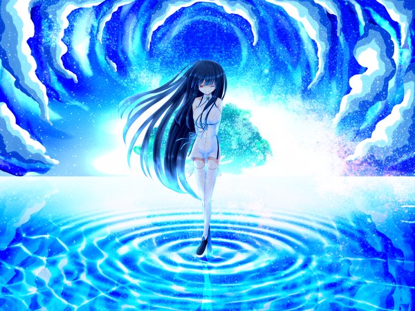 Anime picture 2000x1500 with original unya (unaya) single long hair fringe highres breasts smile red eyes standing blue hair cloud (clouds) one eye closed wink zettai ryouiki reflection hands behind back glow girl