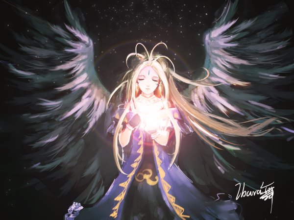 Anime picture 4806x3597 with aa megami-sama anime international company belldandy ibara dance single long hair highres blonde hair signed absurdres eyes closed facial mark angel wings girl dress gloves wings fingerless gloves