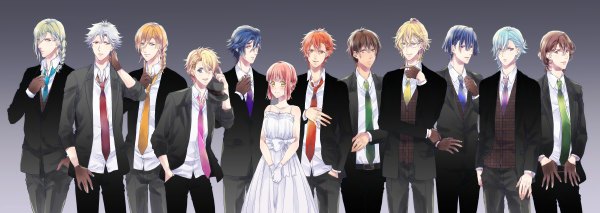 Anime picture 1200x426 with uta no prince-sama a-1 pictures jinguji ren hijirikawa masato ichinose tokiya nanami haruka (uta no prince-sama) ittoki otoya kurusu shou shinomiya natsuki mikaze ai kurosaki ranmaru kotobuki reiji camus aijima cecil awasawa (artist) long hair blush short hair blue eyes blonde hair