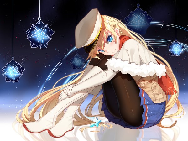 Anime picture 1920x1440 with warship girls r enterprise (warship girls r) bison cangshu single looking at viewer blush highres light erotic blonde hair smile sitting payot very long hair head tilt pleated skirt leaning leaning forward fur trim crossed legs reflection