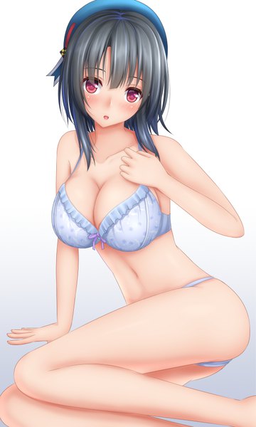 Anime picture 600x1000 with kantai collection takao heavy cruiser tapisuke single tall image looking at viewer blush short hair breasts open mouth light erotic black hair red eyes underwear only girl underwear panties lingerie bra beret