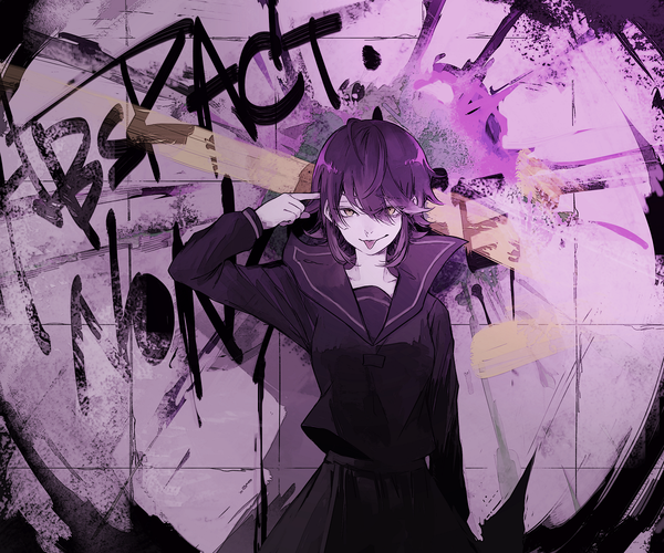 Anime picture 1200x1000 with vocaloid non7 single looking at viewer fringe short hair smile standing yellow eyes purple hair ahoge arm up inscription text english purple background hair over eyes abstract girl skirt