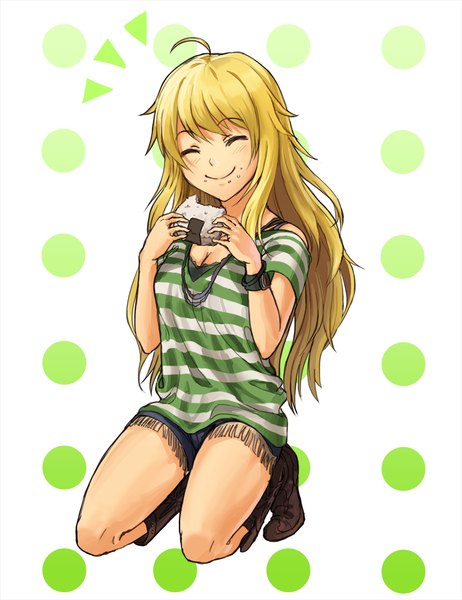 Anime picture 700x909 with idolmaster hoshii miki athenawyrm single long hair tall image blush fringe blonde hair smile white background holding ahoge bent knee (knees) eyes closed kneeling eyebrows eating ^ ^ girl